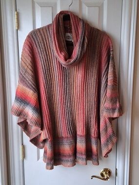Boho Hippie Multicolor Ribbed Cowl Women's Striped Earthtone Hue Sweater Poncho